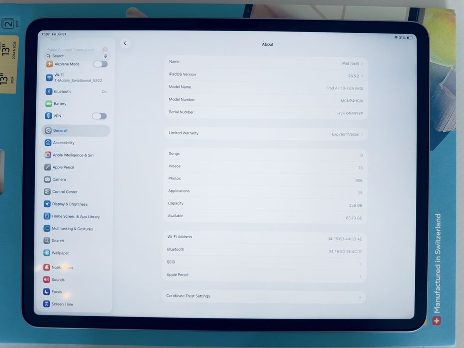 Apple iPad Air 13” M3 256 GB Wi-Fi – Niebieski | Stan idealny | Gwarancja Apple