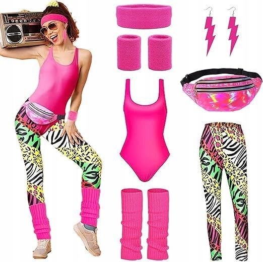 kostium lata 80 damski neonowy zestaw disco akcesoria karnawał r. xl