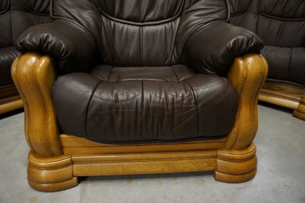 Zestaw na Stelażu Dębowym Skóra Brązowa Naturalna 3+2+1 (w-1118)