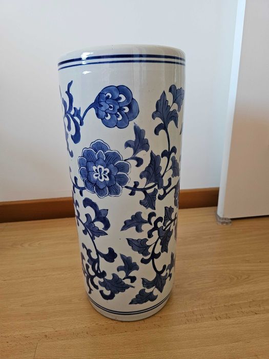 Porta-Guarda-Chuvas / Vaso de Chão em Cerâmica Azul e Branca (45 cm)