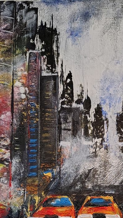 Obraz wspólczesny 30x40x4 cm. Metropolia w deszczu. Malarstwo strukturalne akrylowe na płótnie.