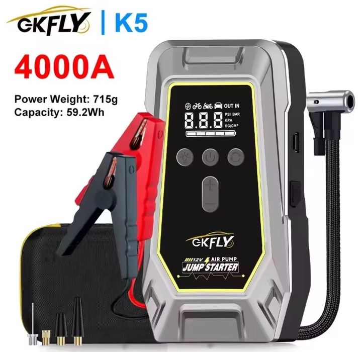 Пусковий пристрій 2 в 1: Бустер (4000А) + Компресор GKFLY K5
