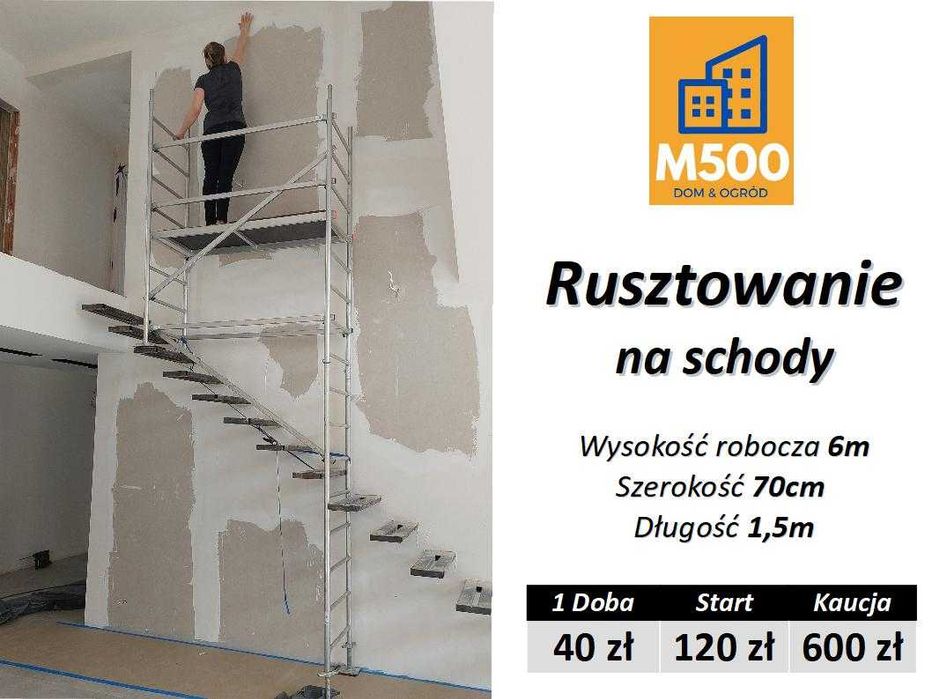 Rusztowanie na schody zabiegowe ze spocznikiem | Krause | Lekkie i wąskie (70cm) | Transport osobówką | Wynajem Warszawa / Lublin | na klatkę schodową