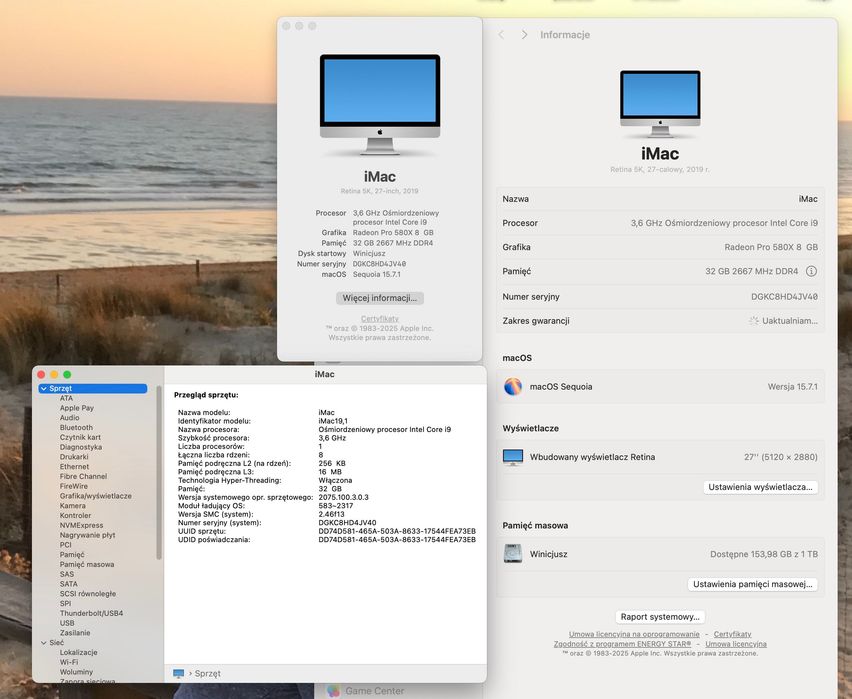iMac Retina 5K, 27 cali i9 32GB SSD 1TB