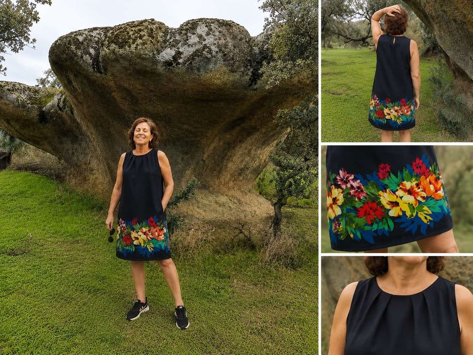 Vestido preto com flores Piero Piavoni