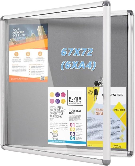 Zamykana na klucz Tablica Ogłoszeniowa 67x72cm(6xA4) Gablota