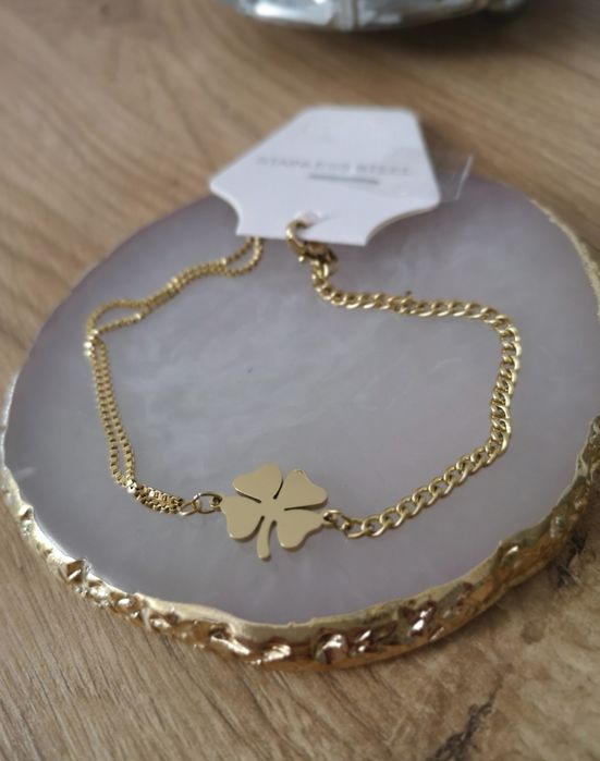 Nowa bransoletka złota podwójna celebrytka z czterolistna koniczyna