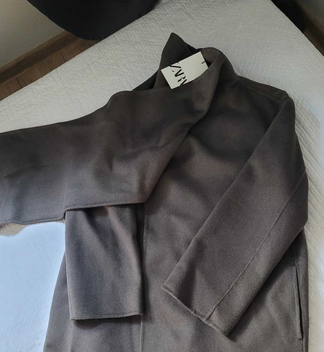 długi szary płaszcz z szalem Zara S 36 M 38 62%wełna wool luźny