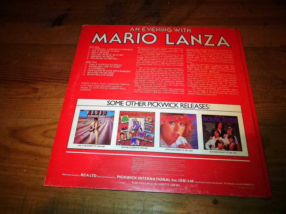 MARIO LANZA - An Evening With Mario Lanza LP