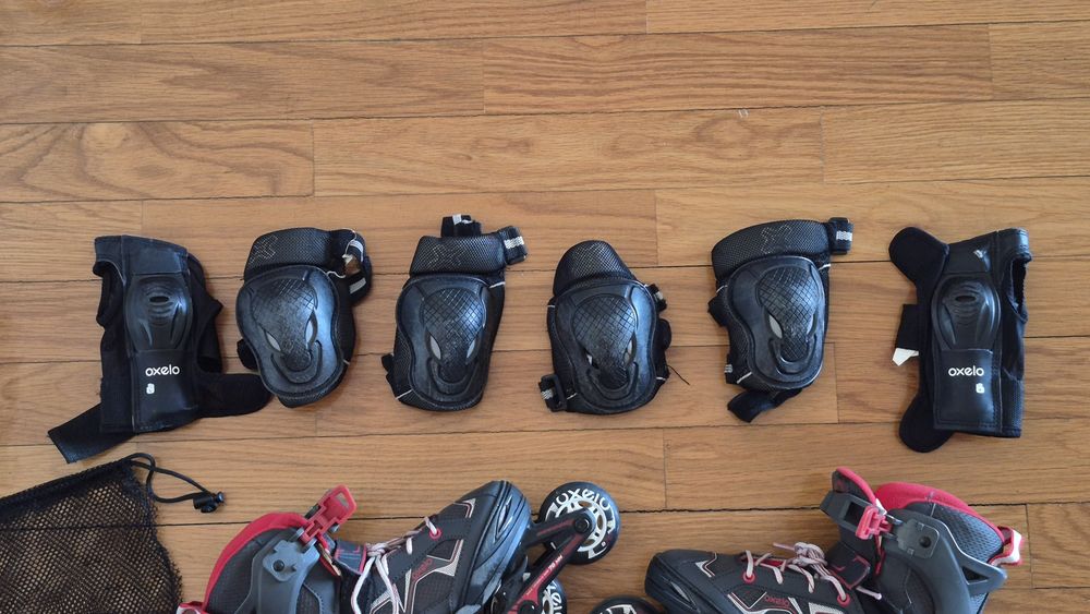 Patins + proteções + mochila