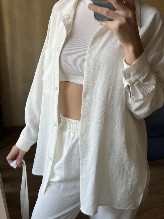 Білий літній костюм жатка штани сорочка пояс костюм двійка легкий