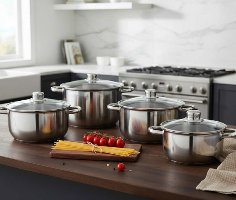 Zestaw garnków ze stali nierdzewnej – 10 elementów (z pokrywkami)