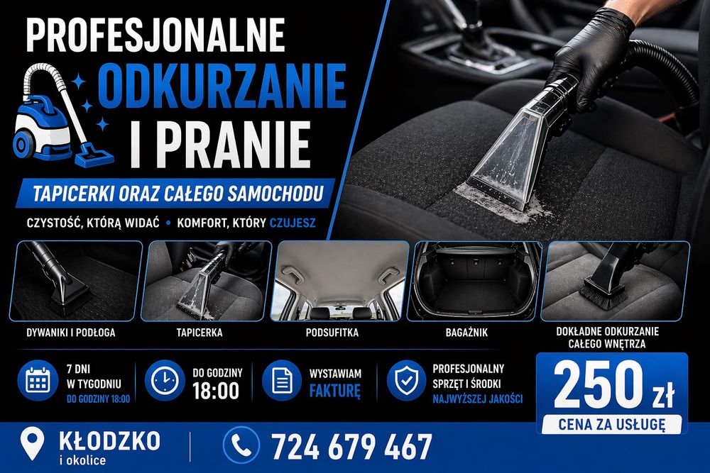 Pranie tapicerki samochodowej + odkurzanie wnętrza | dojazd