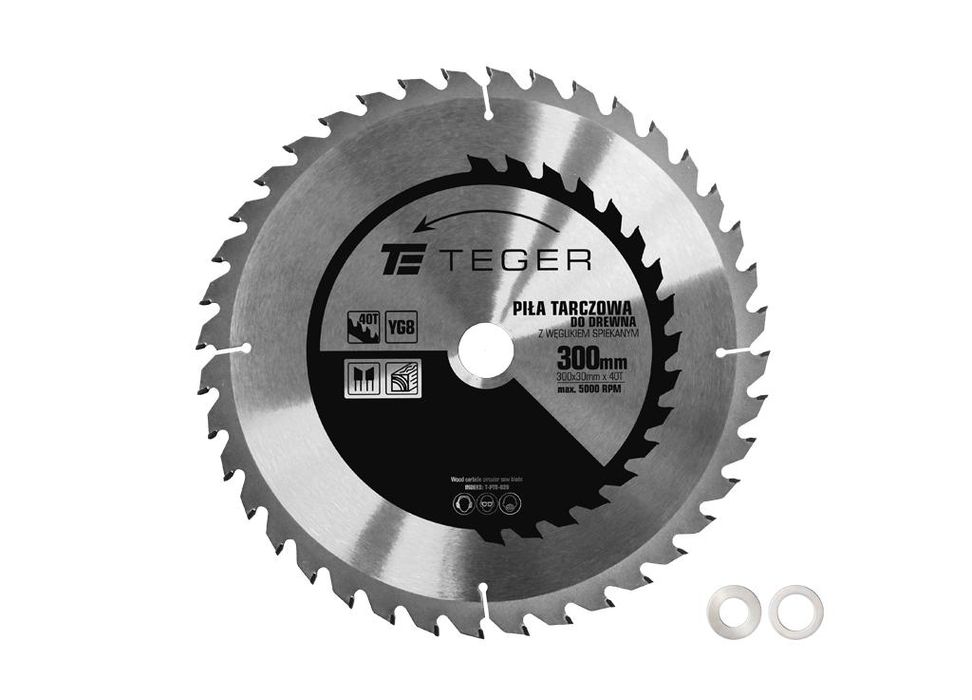 Piła tarczowa TEGER 300x30 mm 40T z węglikiem spiekanym – do drewna, MDF i płyt laminowanych, ATB, 3 mm cięcia, 1,8 mm ostrze, max 5000 obr./min