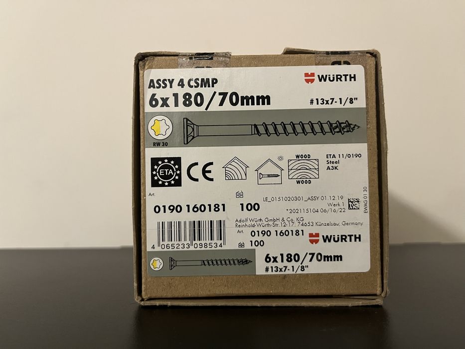 Wkręty konstrukcyjne Würth ASSY 4 6×180/70 – NOWE, NIEOTWARTE, OKAZJA