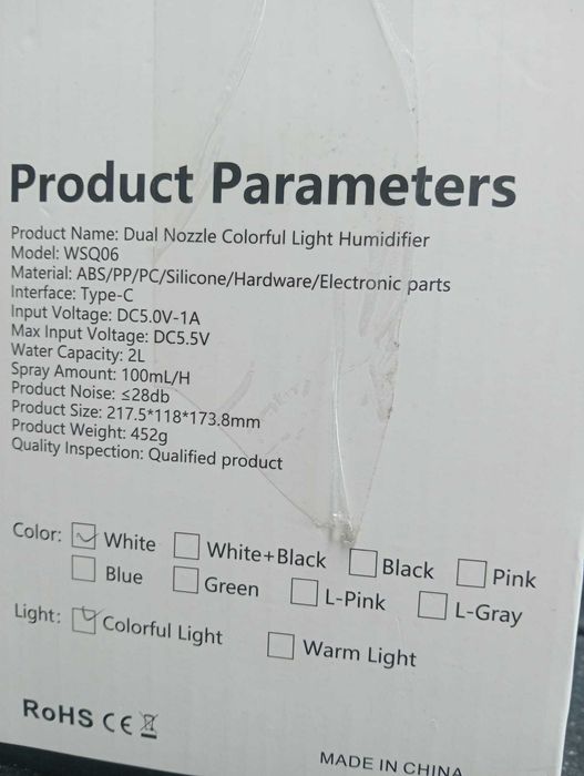 Humidificador Duplo Bico c/ Luzes LED Coloridas – Novo em Caixa BRANCO