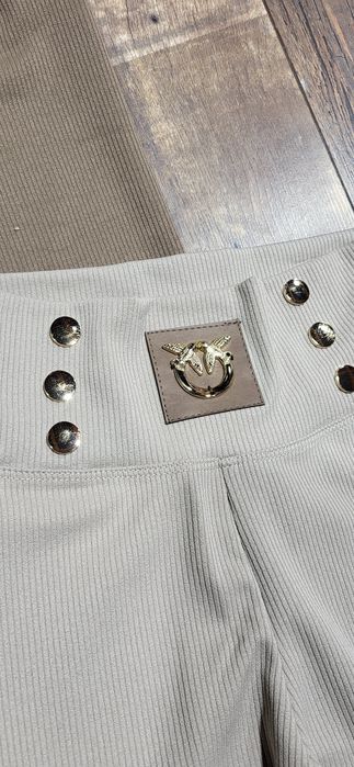 2 pary legginsy prążek beżowe brązowe ptaszki premium S