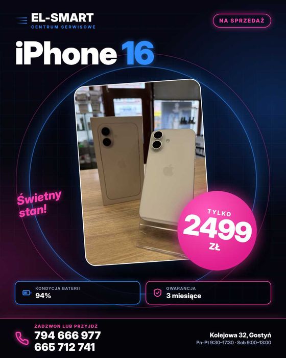 iPhone 16 128GB | GWARANCJA | nowa bat. 94% | Kolejowa 32