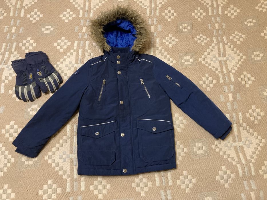 Куртка на натуральному пуху, зимові перчатки, зріст 134 см