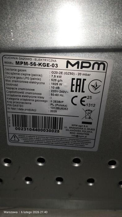 Nowa Kuchenka gazowo-elektryczna MPM-56-KGE-03