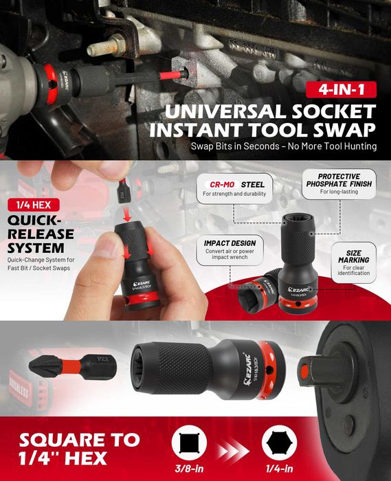 Zestaw adapterów udarowych EZARC 1/4", 3/8", 1/2" z szybką wymianą