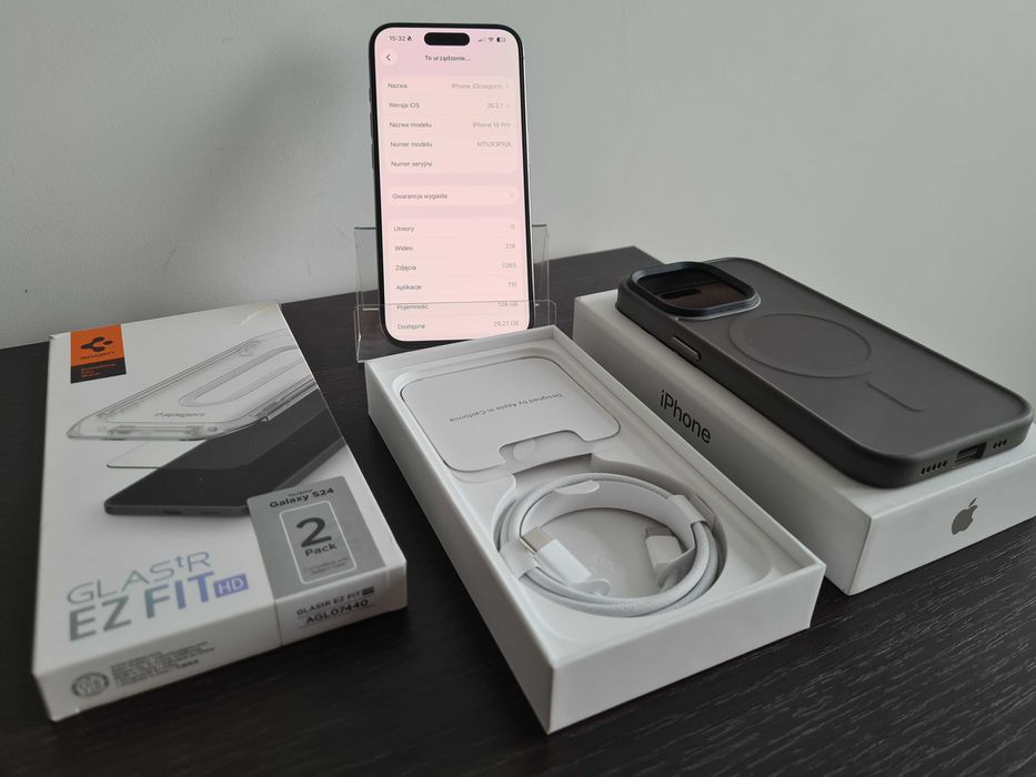iPhone 15 PRO tytan naturalny, idealny stan, paragon, komplet