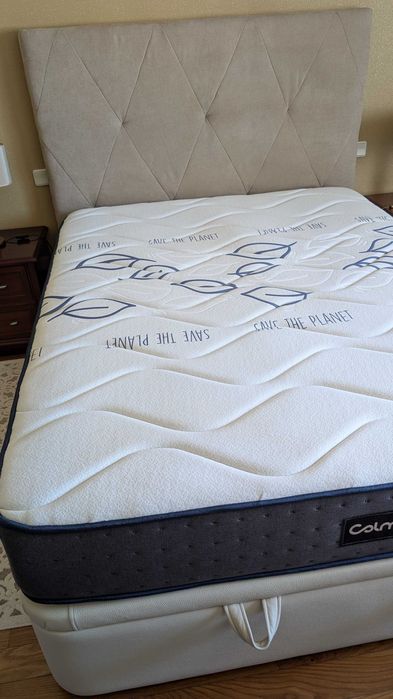 Cama de casal completa: Sommier + colchão + topper + cabeceira