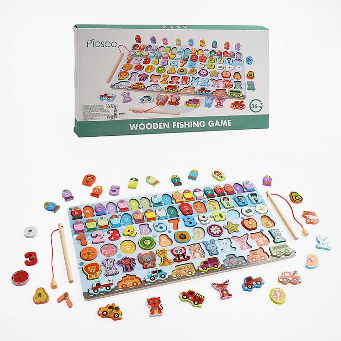 Сортер 65594,  літери та назви англ,магнітна рибол,фрукти,тварини,цифр