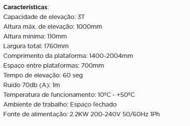 ELEVADOR TESOURA CHÃO HIDRÁULICO AMOVÍVEL 3TON
Ref.: 9817