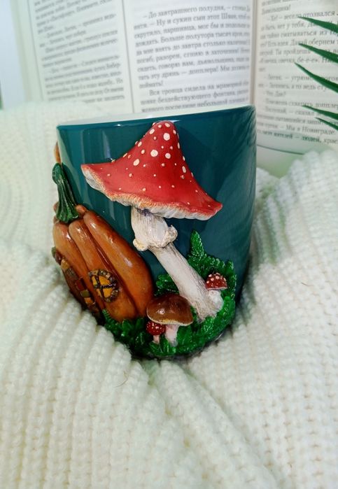 Чашка кружка полимерная глина подарок ручная Тыква Гриб Хеллоуин