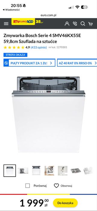 NOWA Z GWARANCJA PRODUCENTA Bosch Serie 4 SMV46KX55E 59,8cm Szuflada na sztućce