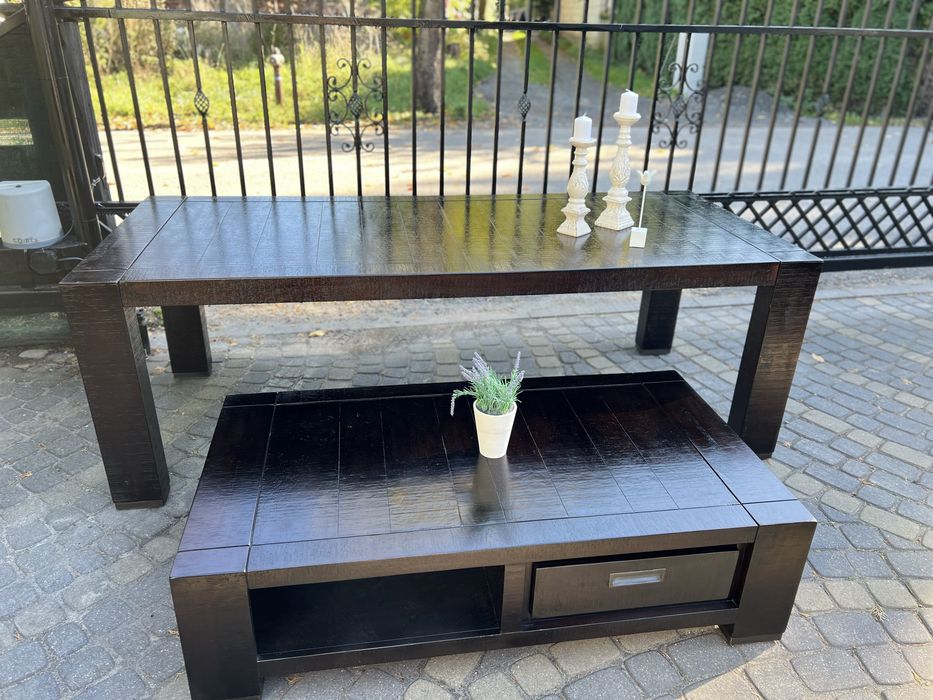 Zestaw mebli drewnianych – komoda + witryna + stół + ława + RTV-