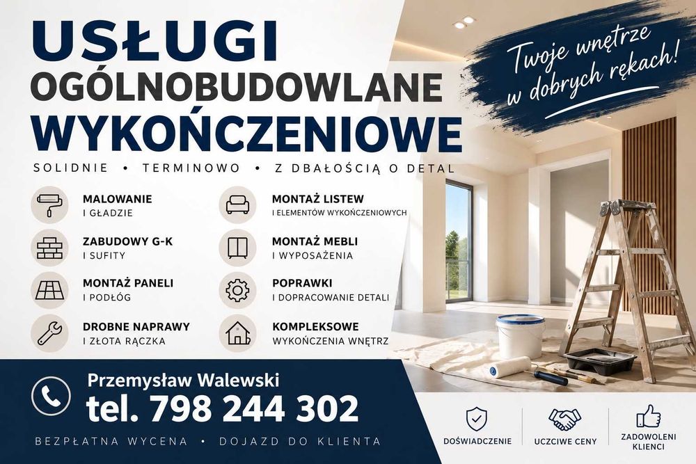 Wykończenia wnętrz | Drobne remonty | Malowanie | Montaż
