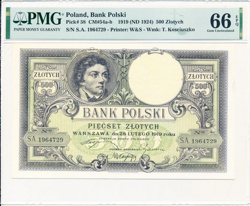 500 złotych 1919 Kościuszko PMG 66 EPQ UNC stan 1