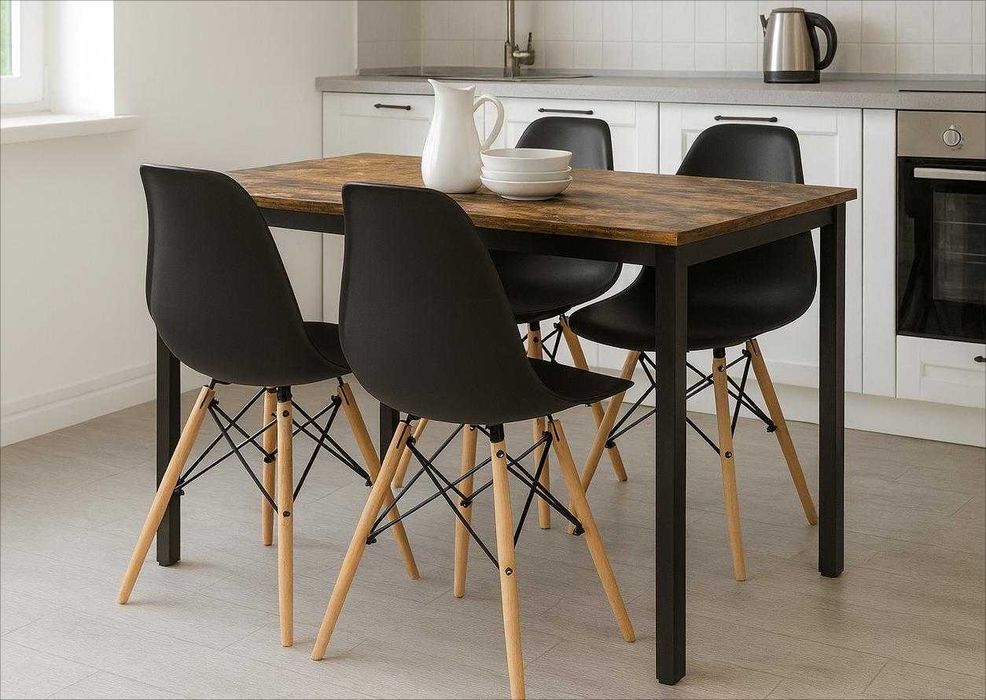 NOWY Stół z Krzesłami Czarny Loft do Kuchni Salonu Jadalni Drewniany