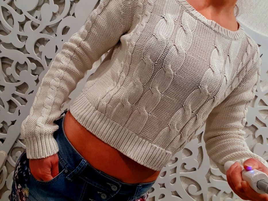 Свитер S / M женский укороченный вязанный косичка топ крутой свитшот