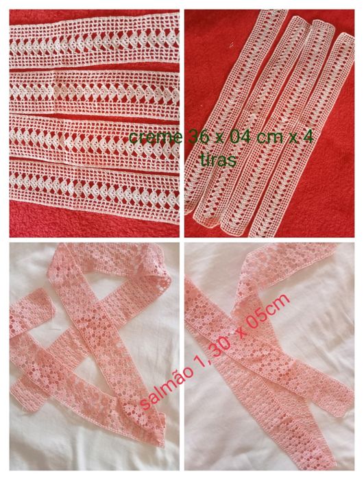 Renda manual cor salmão muito bonita. Quatro tiras branco Conjunto 19€