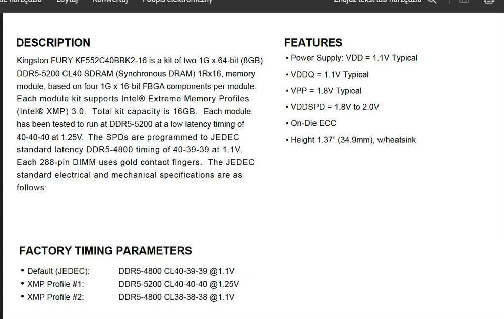 Pamięć RAM Kingston FURY 16GB (2x8GB) 5200MHz CL40 Beast Black DDR5