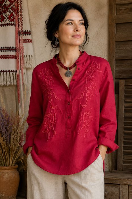 Лляна блузка BUYKUD, бохо, вишивка, льон, оверсайз L-XL