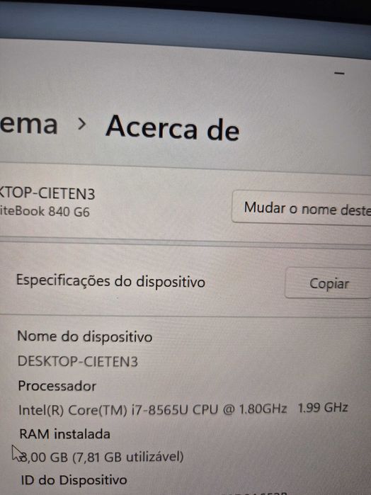 HP 840 G6 processador i7-8565U