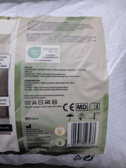 Poduszka ortopedyczna Aloe Vera, biały zdejmowany pokrowiec