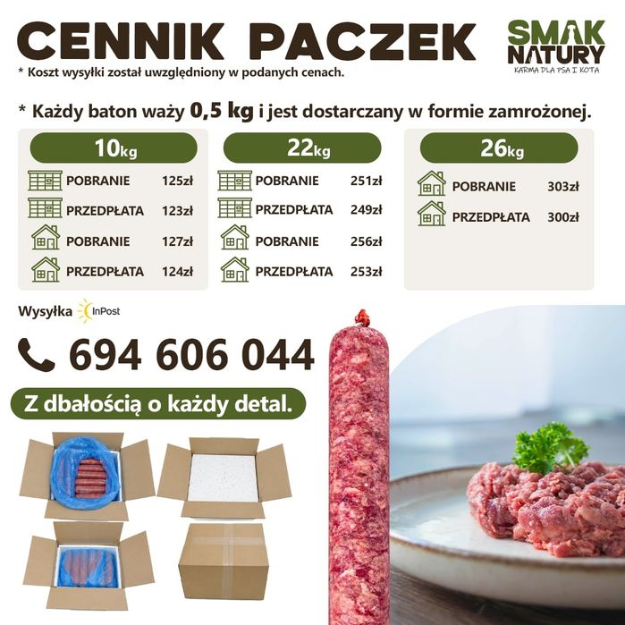 Mięso dla psa kota wołowina indyk BARF mrożone Baton kostka
