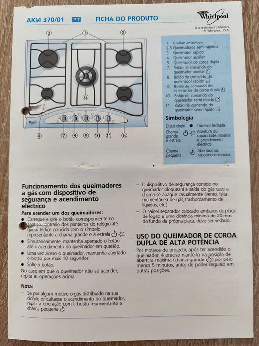 Placa fogão propano Whirlpool 68cm