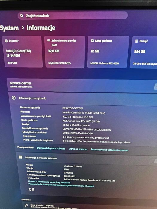 Komputer Gamingowy i5-14400F/B760/32GB(DDR4)/1TBSSD/RTX4070(12GB)/650W/W11