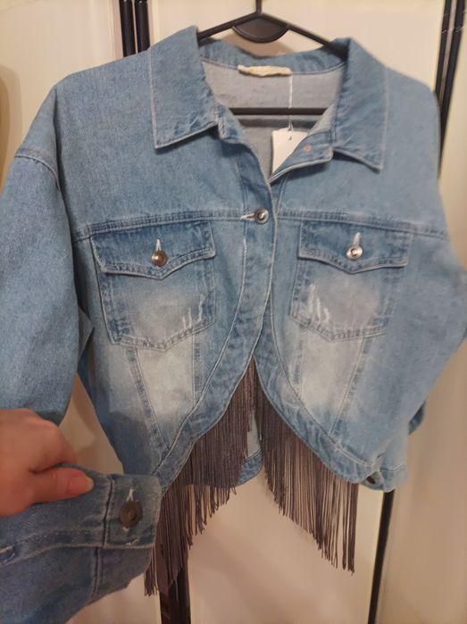 Kurtka blue jeansowa oversize frędzle
