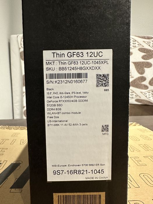 Laptop Msi thin gf63 12uc, laptop rtx 3050 i5-12450h