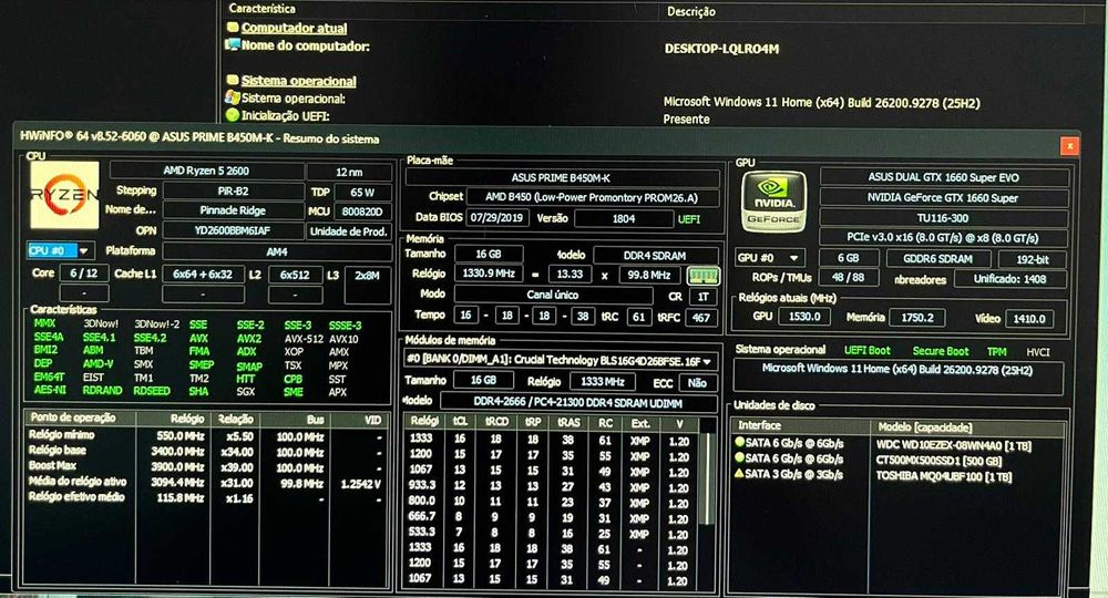 Computador PC Gaming Ryzen 5 2600 + GTX 1660 Super 6GB | 16GB RAM | SSD 500GB
