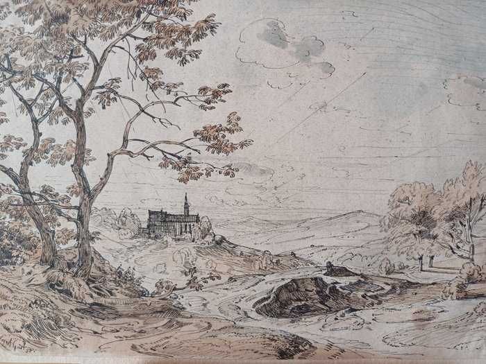 Desenho a pena de August Geist (1858) - Paisagem campestre com igreja