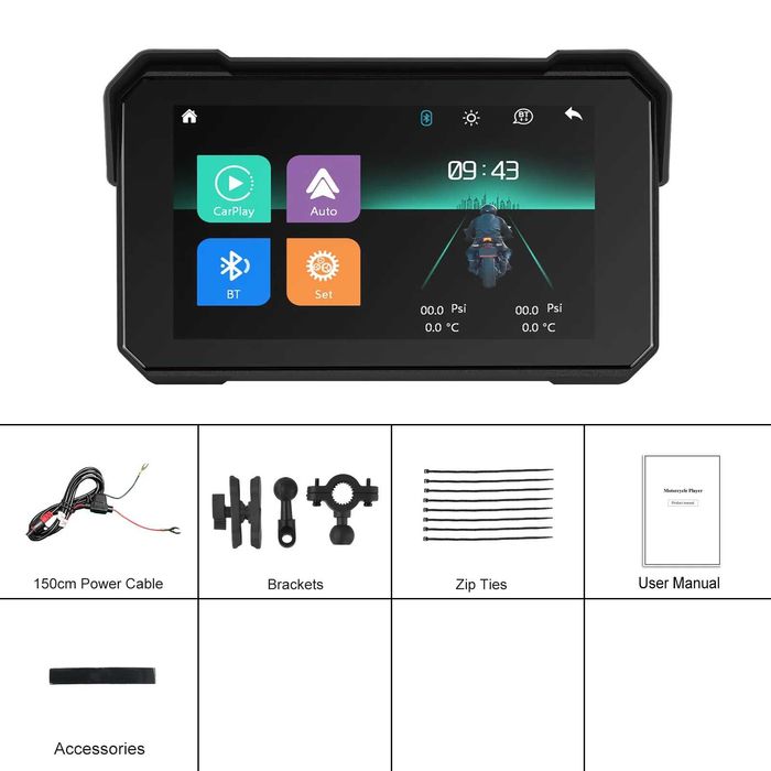 Ecrã CarPlay & Android Auto para Mota Moto 5” Bluetooth GPS IP68 NOVO