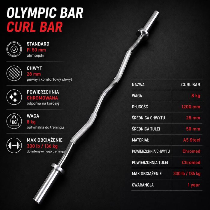 Gryf łamany olimpijski Curl Bar 120 cm 8 kg Fi50 chromowany 4GRADE